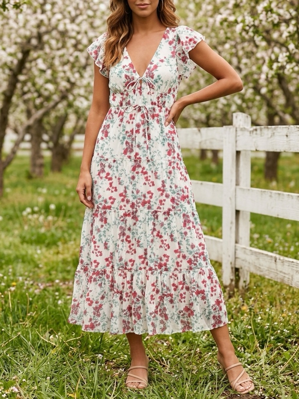 Floral Printed Flutter Sleeve Tiered Midi Dress